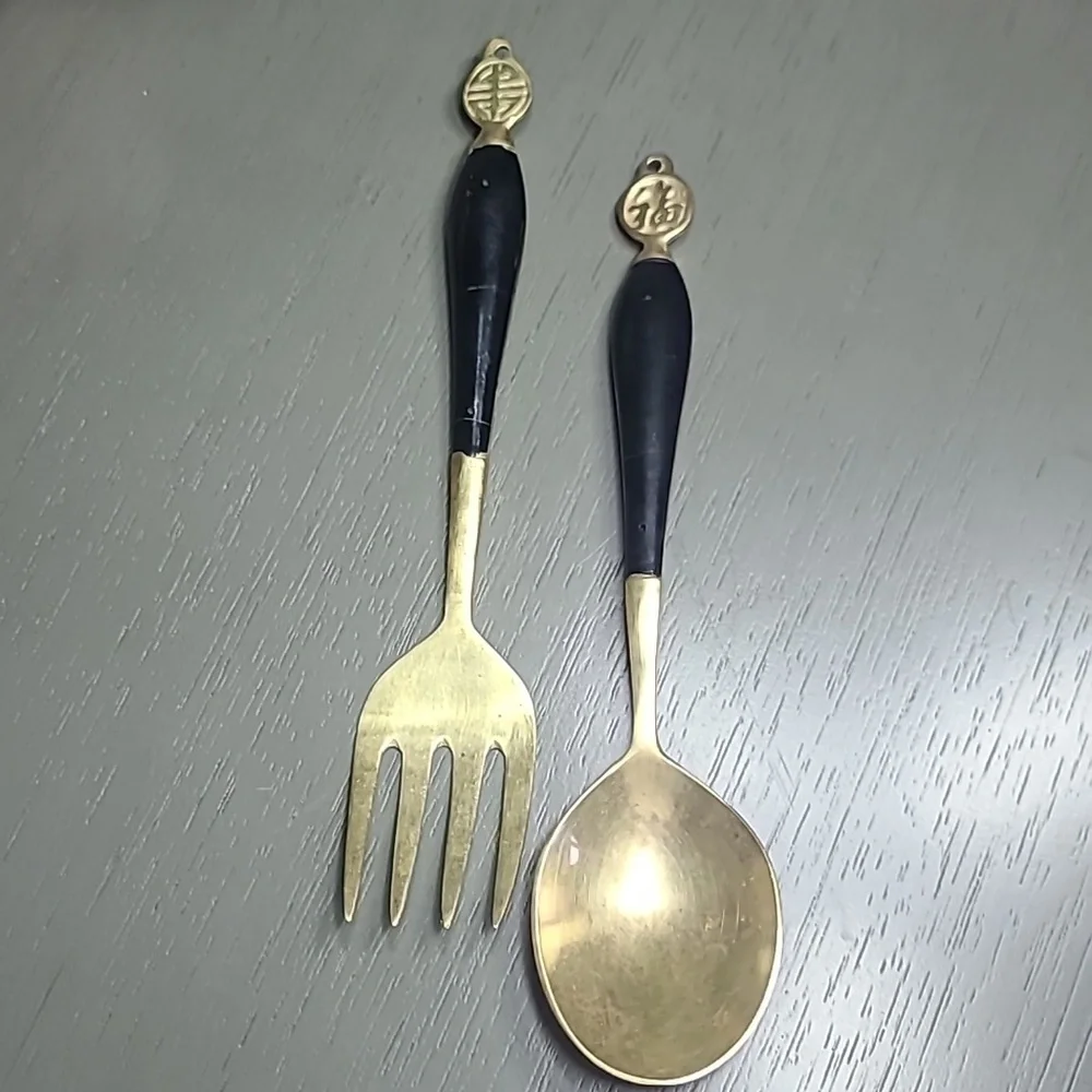 Vintage Elegant Black and Brass Fork and Spoon Set